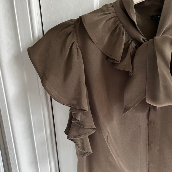 Theory Ruffle Sleeve Tie-Neck Midi Dress – Olive Green, Size 8 - Picture 5 of 10